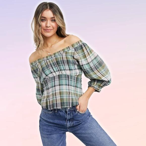 FREE PEOPLE Teagan Blouse With Volume Sleeve In Plaid-Blues Sz Medium - Picture 1 of 7